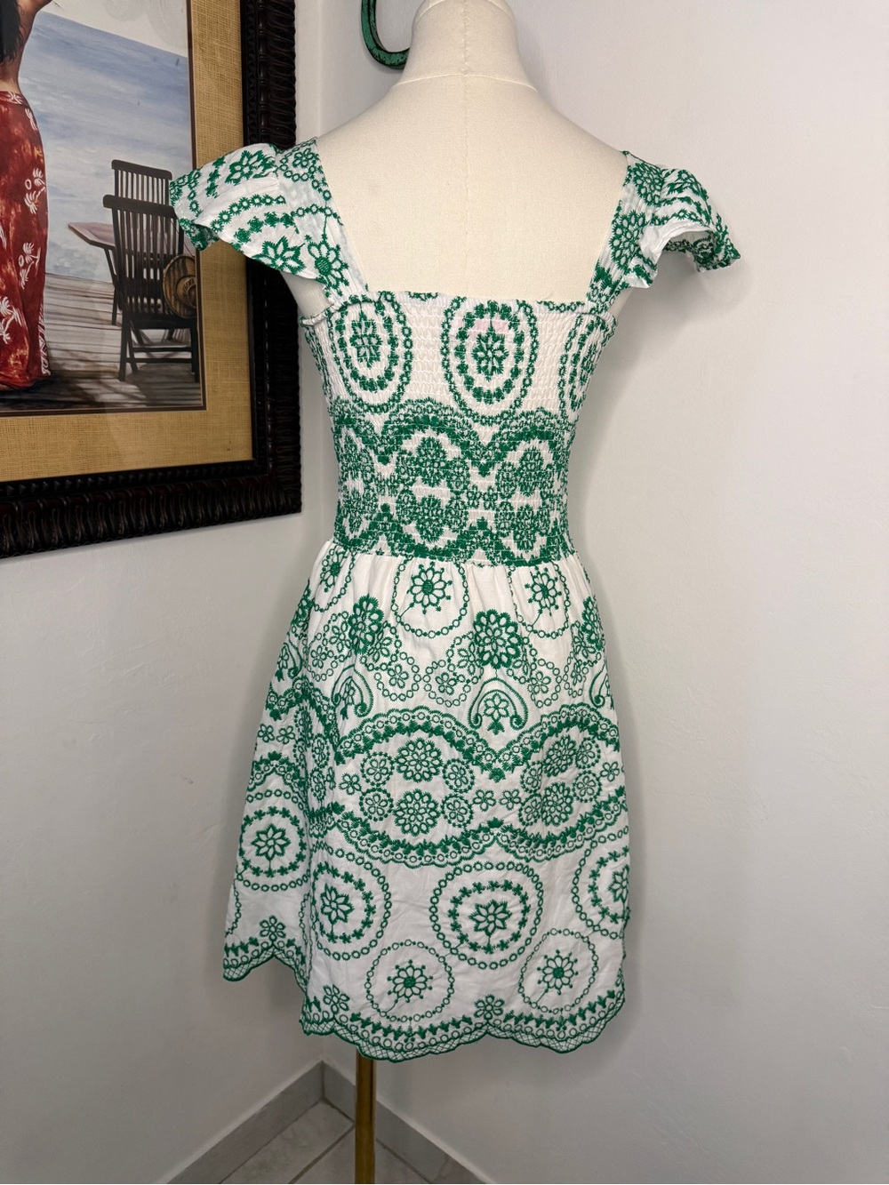 Ana & Rose Green & White Smocked Mini Dress with Flutter Sleeves